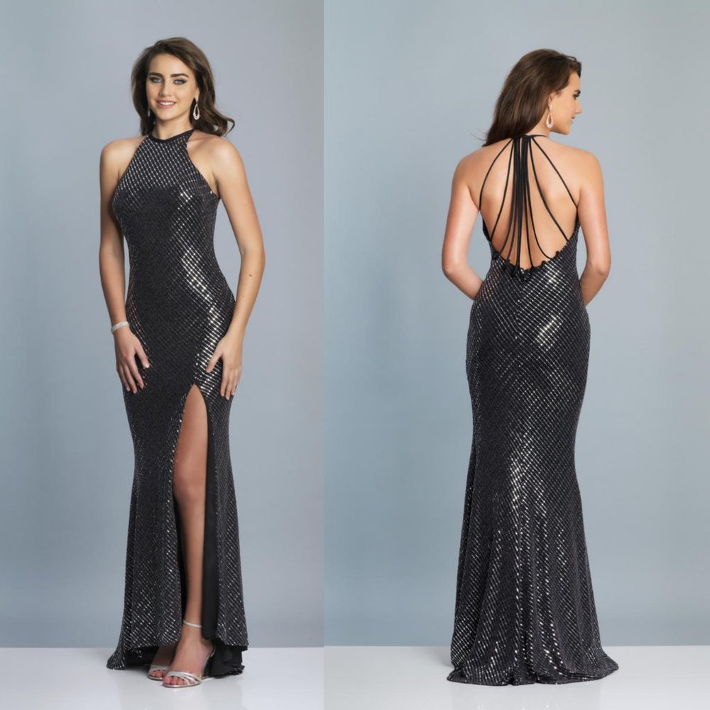 DAVE JOHNNY Dress 4 SMALL Junior Gown Halter Silver Black Maxi Long Bling Mirror - Picture 3 of 13